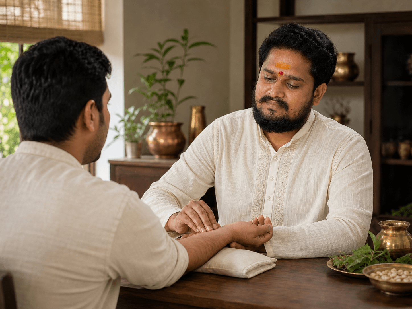 Ayurvedic practitioner assessing a patient's radial pulse using three-finger Nadi Pariksha placement